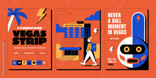 Cyberpunk Vegas Strip Vector SVG Set of Cards – Futuristic Las Vegas Banner, Card, Flyer with Neon Cityscape, Bold Nighttime Design & Retro-Futuristic Urban Style