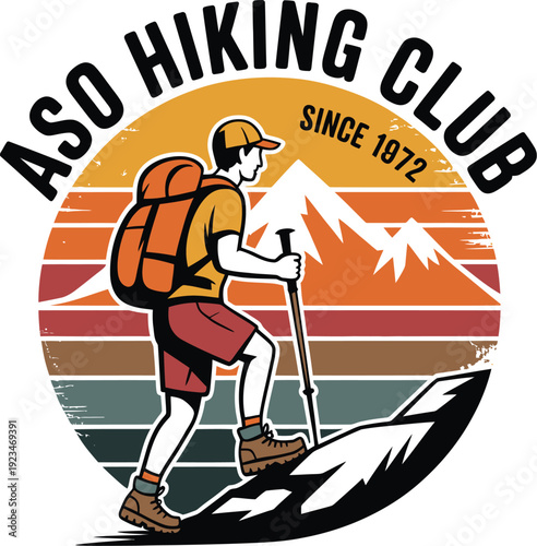 Hiker with backpack and trekking poles in front of mountain landscape with sunset background