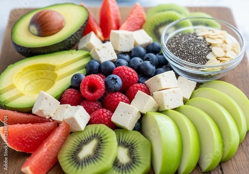 Fresh fruit and cheese platter with avocado kiwi berries apple slices on wooden board for healthy eating