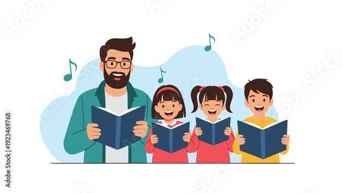 Male teacher with glasses leads a group of three young children as they sing from books in a choral music class session.