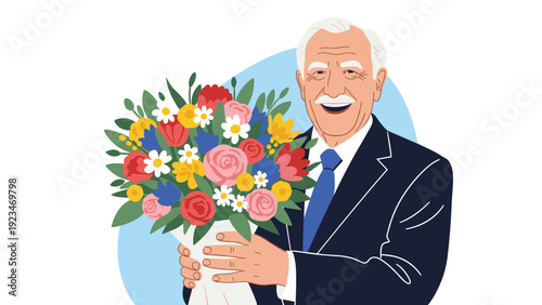 Happy senior man with a joyful expression holds a vibrant and colorful bouquet of various flowers against a soft blue circle.