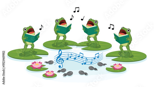 Group of four green frogs sing loudly from books while tadpoles swim in a musical pond decorated with pink lotus flowers.