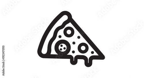 Delicious black outline icon representing a single slice of cheesy pizza with toppings
