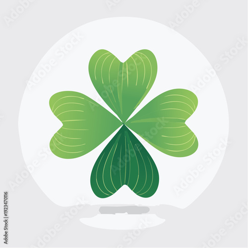 Vibrant green four-leaf clover icon, a stylized symbol of good fortune, luck, and hope. Designed on a clean white circular background, embodying prosperity and natural charm