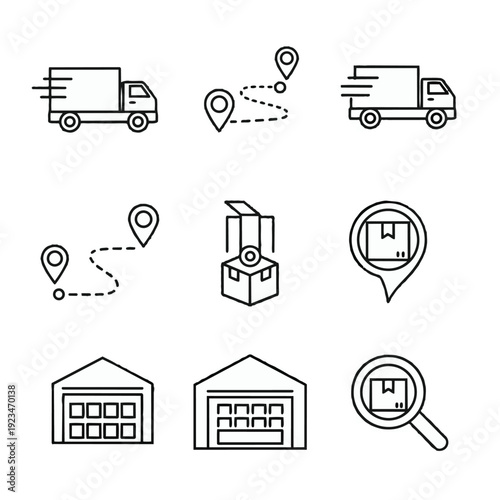 Delivery trucks, shipping routes, package tracking, and warehouse icons represent logistics services