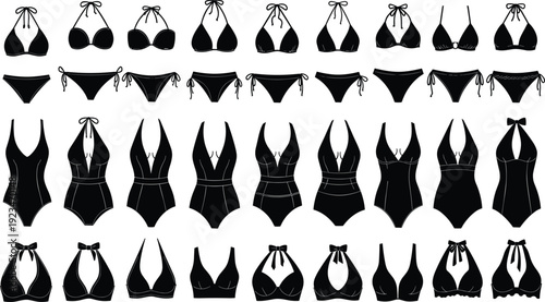 Set of black silhouettes featuring various women's swimwear styles including bikinis, one-piece swimsuits, halter tops, and beachwear bottoms isolated on a clean white background