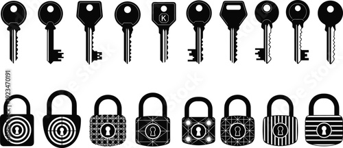 Set of black silhouettes featuring various house keys and decorative padlocks with different patterns for security, privacy, and safety concepts isolated on white background