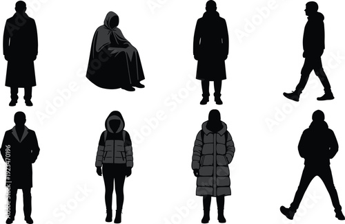Winter people silhouette illustration set, men and women wearing coats hooded jackets walking standing poses, dark urban lifestyle figures