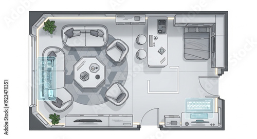 Luxury apartment floor plan with modern furniture arrangement and design.