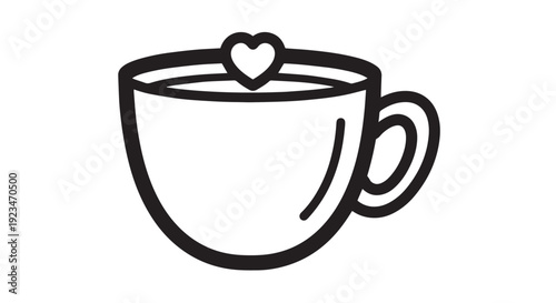 Simple black and white outline icon featuring a coffee mug with a small heart design element