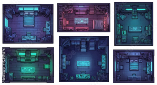 Top-down view of futuristic rooms with neon lighting and modern furniture arrangements.