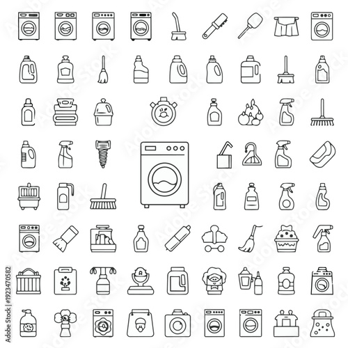 Household cleaning laundry service line art icons set collection includes washing machines detergent bottles brooms spray bottles and other supplies