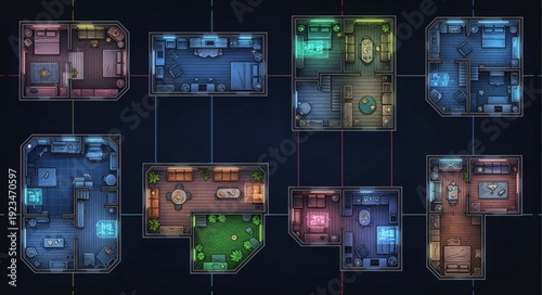 Detailed top-down view of various rooms with unique interior designs and lighting.