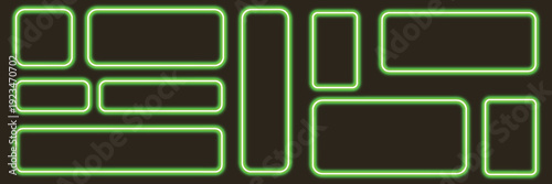 Green Neon Rectangular Frame Set - Luminous Glowing Border Templates and Electric Geometric Box Elements for Cyberpunk Web Design and Nightlife Promotion Vector