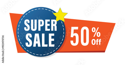 Super Sale 50% Off Promotional Banner with Circular Badge, a Star Icon, and Orange Geometric Background for Retail Discount Marketing