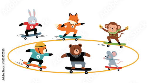 Variety of cute animals including a bear, fox, and monkey perform tricks while skateboarding in a large circular path.