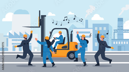 Group of factory workers in blue uniforms and yellow hard hats dance and celebrate with music in an industrial zone.