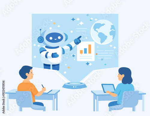 Students learning with holographic ai robot instructor