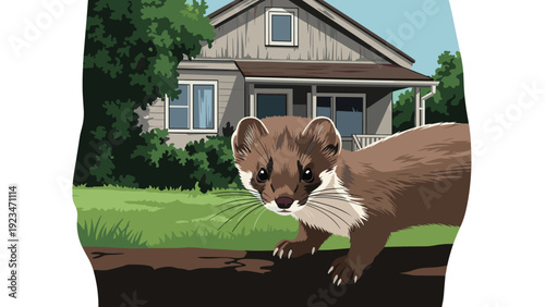 Curious brown weasel peers into the camera while standing on a log in a green yard in front of a rural wooden house.