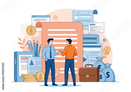 Two businessmen shaking hands in front of a large document with various office supplies and money