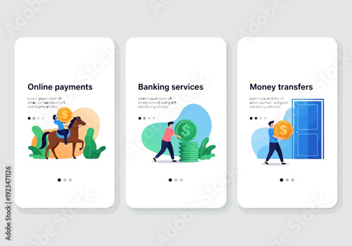 Online payment and banking services concept with money transfers illustrations
