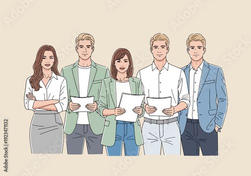 A group of diverse young adults standing together holding papers in casual business attire on beige background
