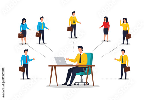 Businessman sitting at desk with laptop and communicating with multiple colleagues around him