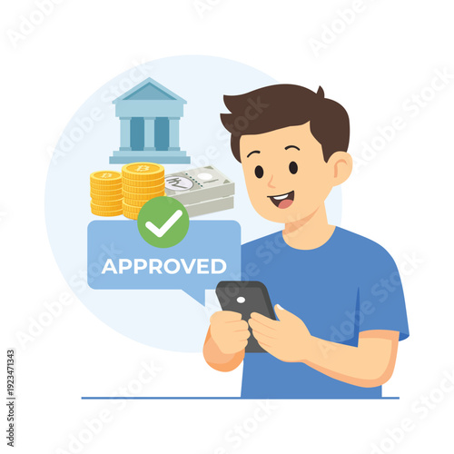 Online loan approval notification on smartphone with approved status and bank funds