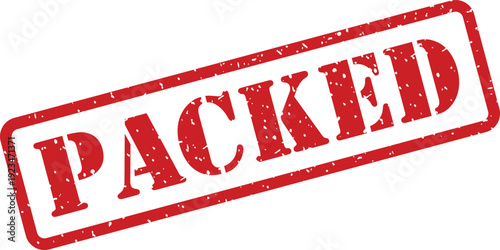 A vibrant red rubber stamp impression featuring a distressed texture explicitly shows the word PACKED