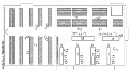 Detailed floor plan of a building with various rooms and furniture arrangements.