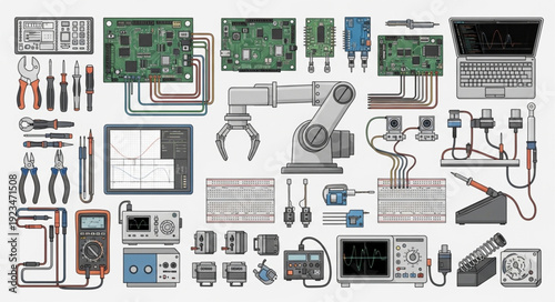 Collection of electronic components and tools for engineering and technology.
