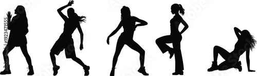 Collection of female dancer silhouettes in energetic poses, black women dancing isolated on white background flat vector illustration set for fitness and choreography design