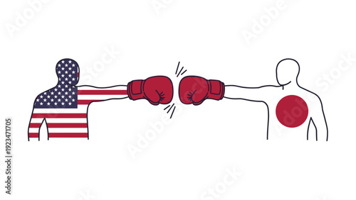 Two silhouette figures representing the United States and Japan wearing red boxing gloves face each other in competition.