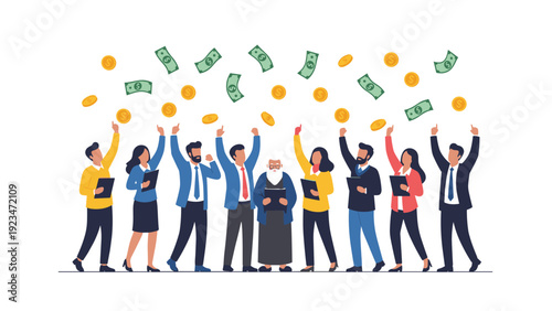 Happy group of diverse business professionals and a senior man celebrate with their arms raised as money and coins fall.