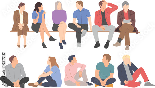 Flat vector illustration of diverse people sitting on bench and floor in casual poses, modern urban lifestyle characters isolated on light background