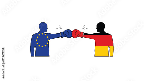 Silhouette figures representing the European Union and Germany wearing boxing gloves engage in a competitive match.