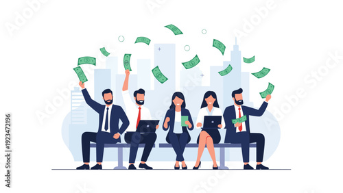 Group of business people sit on a bench and happily catch falling green banknotes in front of a modern city skyline.