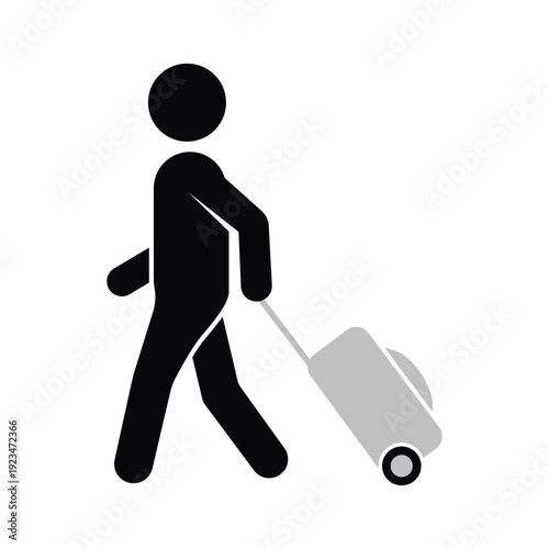 Black silhouette icon of a person walking and pulling a grey wheeled suitcase