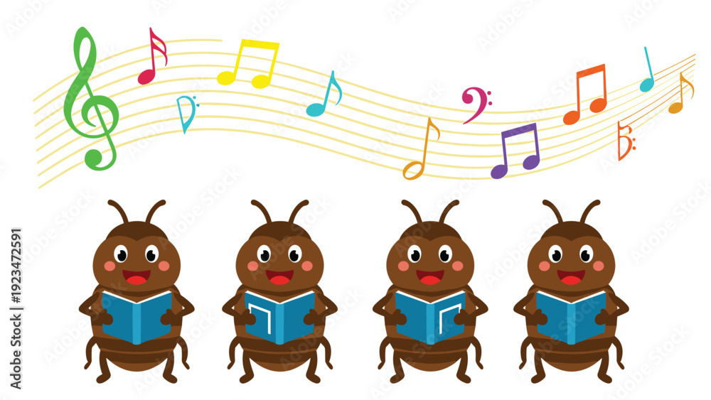 Fototapeta premium Four brown beetle characters sing together from songbooks under a colorful wave of musical notes and a green treble clef.