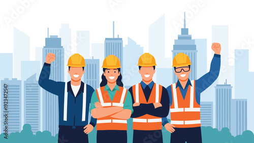Team of diverse construction workers in safety gear and hard hats celebrate their success against a modern city skyline.