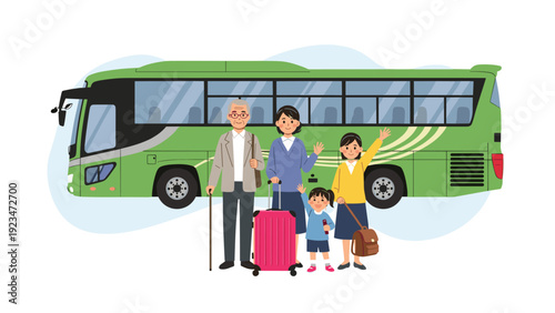 Happy grandfather, mother, and children stand with their suitcases and wave in front of a large green tour bus outdoors.