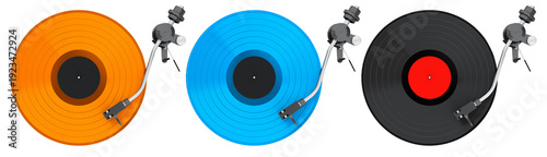 Set of colorful vinyl record players with black tonearms and vinyl records, isolated on white background, concept of music