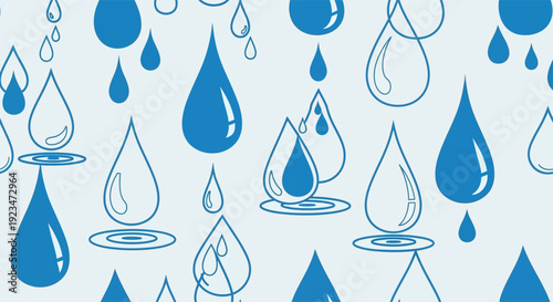 A seamless pattern of various blue water droplets, some solid and some outlined, falling and resting on a light background, creating a refreshing and fluid design.