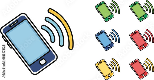 Vibrant illustration of multiple mobile phones ringing or vibrating, emitting signal waves to represent communication and alerts.