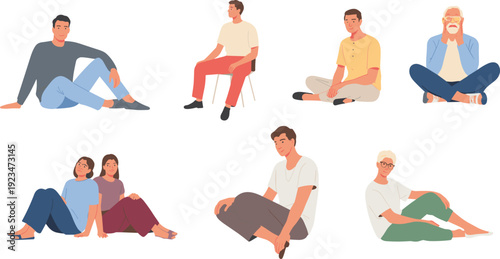 Flat vector illustration set of diverse people sitting on floor and chairs, relaxed casual characters isolated on white background modern lifestyle collection
