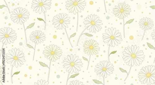 Delicate white dandelion flowers with yellow centers and green leaves on a cream background with subtle dots floral pattern design