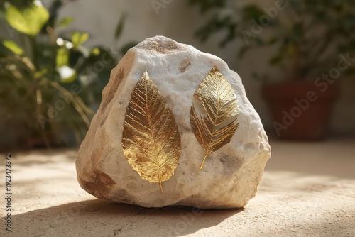 Wallpaper Mural Elegant Golden Leaf Earrings Presented on White Textured Stone Under Bright Sunlight in a Lush Green Garden Setting with Warm Earth Tones Minimalist Aesthetic Torontodigital.ca