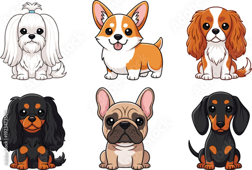 Set of cute kawaii dog breed characters including corgi french bulldog maltese cavalier king charles spaniel and dachshund isolated on white background vector illustration