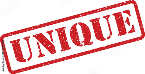 Bold red rubber stamp displaying the word UNIQUE with distressed texture on a clean white backdrop