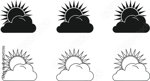 Sun behind cloud weather icon set, solid and outline style vector illustrations isolated on white background for forecast and meteorology design
